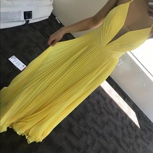 Yellow Low V-Neck Corset back prom dress.